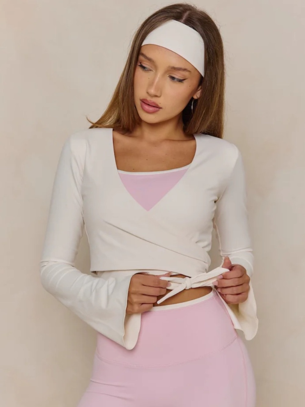Astoria Wrap Top Crop Ivory Flare Sleeve Ballet Core Athleisure